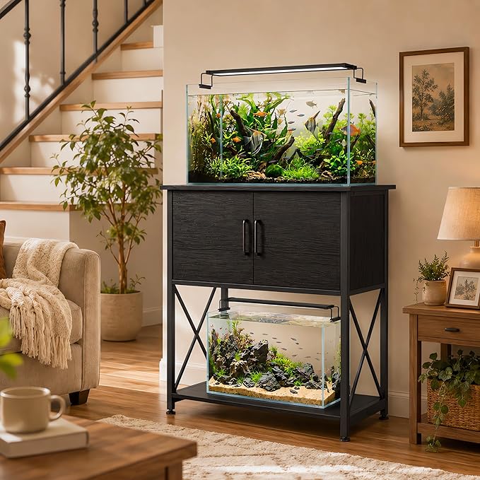 Herture 20-29 Gallon Aquarium Stand Metal Frame Fish Tank Stand with Cabinet Storage, for 20 Gallon Long Aquarium,30.7" L*16.5" W Tabletop,330LBS Capacity Black PG01YGB