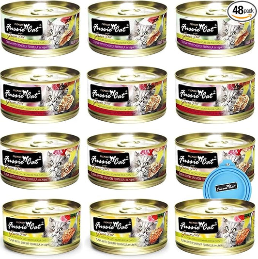 Fussie Cat Premium Canned Grain Free Cat Wet Food - Variety 4 Flavors Pack Food Bowl (48 Cans) (Tuna & Ocean Fish- Salmon - Shrimp - Chicken) 2.82 Ounce