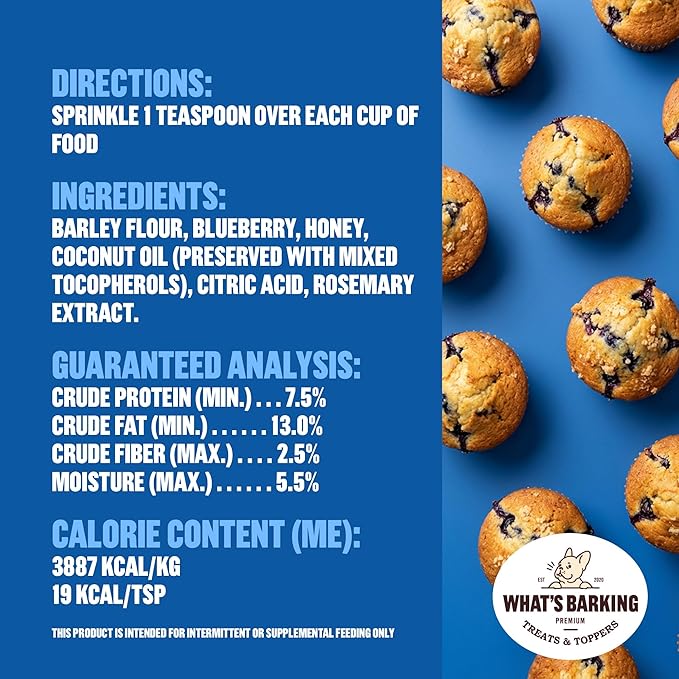 What's Barking Shakers Meal Toppers, Dog Treat Crumbles for Food Topping, Pet Essentials, Sprinkle Topper for Kibble or Wet Food, Made in USA, Resealable Bag (Pack of 3, Blueberry Muffin)