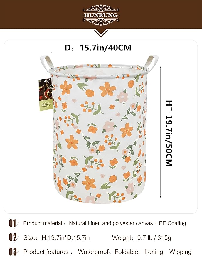 Collapsible Fabric Storage Basket, Waterproof Laundry Hamper with Handles, Round Storage Bin for Clothes Toys, Foldable Organizer for Bedroom Nursery Bathroom(Round-Orange Flower)
