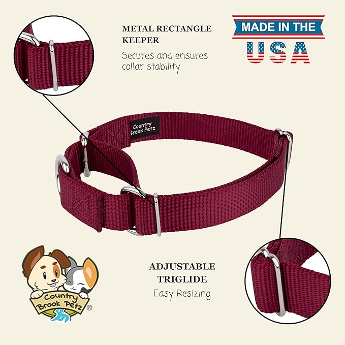 Country Brook Petz - Martingale Dog Collar - Heavy-Duty Training Collar with No Buckle - Service Dog Collar for All Pups - 20 Vibrant Colors (Burgundy, 3/4 Inch, Small)