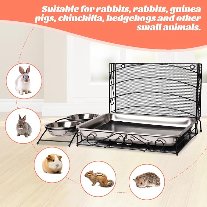 3 in 1 Rabbit Hay Feeder with Litter Box and Rabbit Feeder for Cages, Automatic Guinea Pig Hay Feeder with Metal Hay Rack, Bunny Litter Box, Stainless Steel Small Animal Feeding Bowl