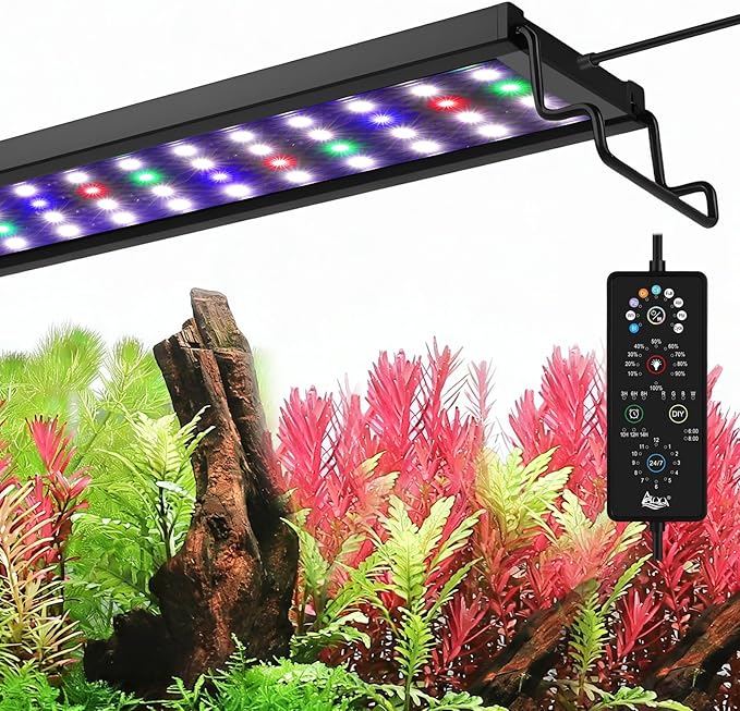 AQQA Full Spectrum Aquarium Plant Light LED Fish Tank Light IP68 Waterproof with 24/7 Natural Mode & DIY RGBW Mode, 9 Colors & 10-Level Brightness Adjustable, 6 Timer Settings for 24"-32" Tank (26W)