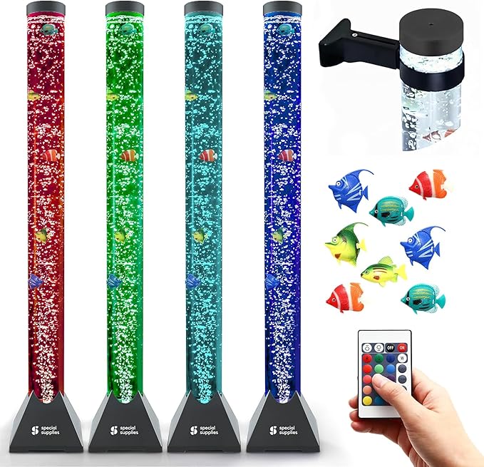 Special Supplies Aquarium Sensory Fish Bubble Light Tube with 16 LED Color Changing Nightlight Effect, Remote Control, and 8 Fishes, Colorful Floor Standing Lamp for Kids and Adults (4 feet)