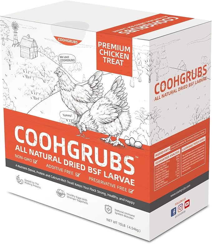 COOHGRUBS Black Soldier Fly Larvae for Chickens – 100% Natural Non-GMO Grubs, 85X More Calcium Than Dried Mealworms – Clean, Nutritious & Delicious High-Protein Poultry & Bird Treats, 10-lb Box