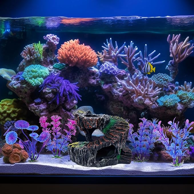 Aquarium Fish Tank Decorations, Montain Ornaments Accessories Decor for Small Aquarium, Spiral Staircase x 1pc, Aquatic Plants x 4pcs