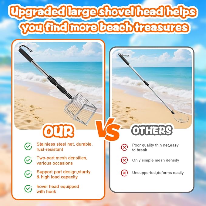 2 x Beach Sand Sifter,Metal Beach Shovel Set, with 2 Seashell Bags,Stainless Steel Sand Scoop with Adjustable Handle,Portable Tool for Shell & Shark Teeth Collecting,Kids Adults Outdoor Beach Supplies