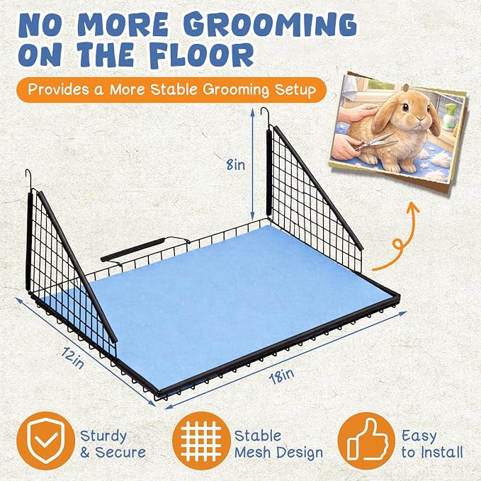 AceOrbit 18 x 12 x 8 Inch Foldable Hanging Rabbit Grooming Table with Non Slip Blue Felt Mat Hooks Handle Small Animal Grooming Kit for Bunny Guinea Pig Chinchilla Ferret Hedgehog Gerbil Cat Supplies