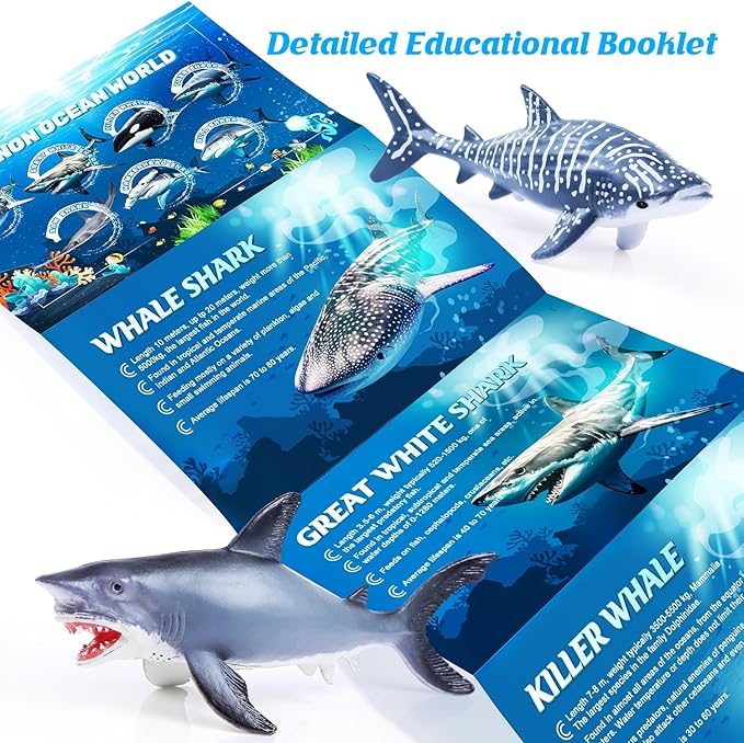 SIENON 11pcs Shark Figures with Booklet, Realistic Sea Creatures Bath Toys Whale Shark Ocean Animal Figurines for Kids Educational Birthday Party Favors Cake Toppers