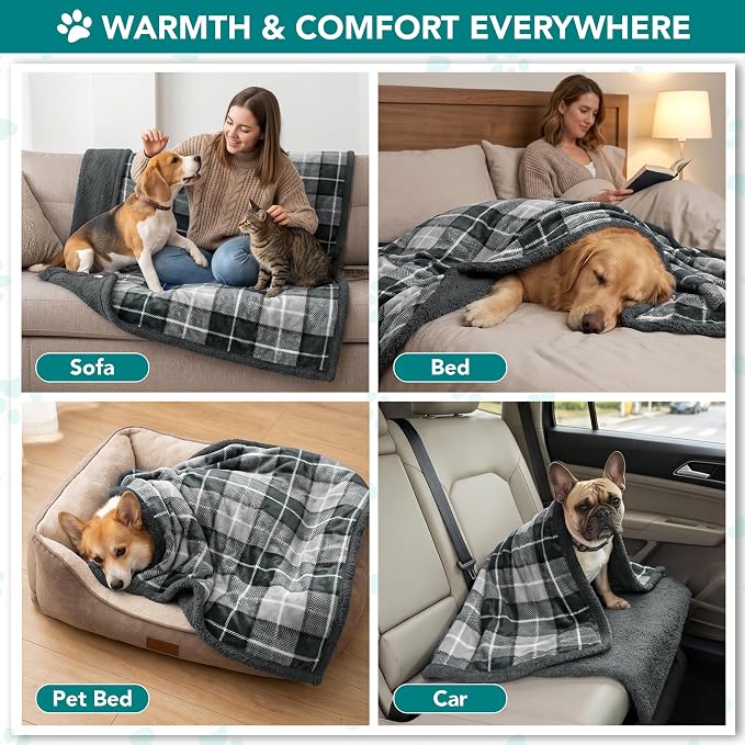 PetAmi Dog Blanket for Small Medium Dogs and Cats, Soft Sherpa Fleece Pet Blanket Throw Puppies Kittens, Reversible Plush Couch Cover Protector Sofa Bed Crate, Machine Washable, 60x40, Plaid Dark Gray