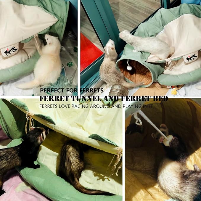 Cat Tunnel Bed, 2-in-1 Collapsible Cat Tunnel Tubes Toys with Removable Mat for Pet Cats Kittens Puppies Rabbits Bunnies Ferrets (Matcha)