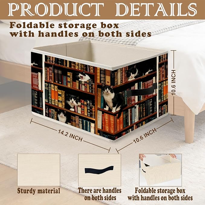 Vintage Cat Book Lovers Storage Bins, Bookish Tuxedo Cat Foldable Closet Organizers Storage Basket Toybox for Reading Corner Room Library Bedroom Bathroom Home Clothes Toys Books