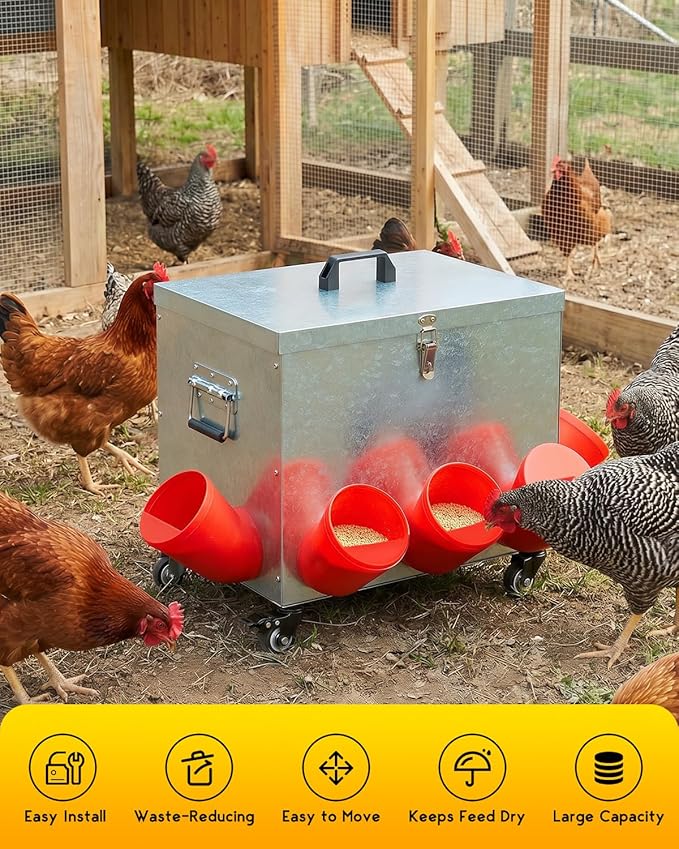 Magicfly 40 lbs Chicken Feeder No Waste, Large Metal Automatic Chicken Feeder Box, 8 Bell-Mouth Feeding Port, with Handle and Wheels, Rat Proof Chick Feeder for Chickens, Ducks & Geese