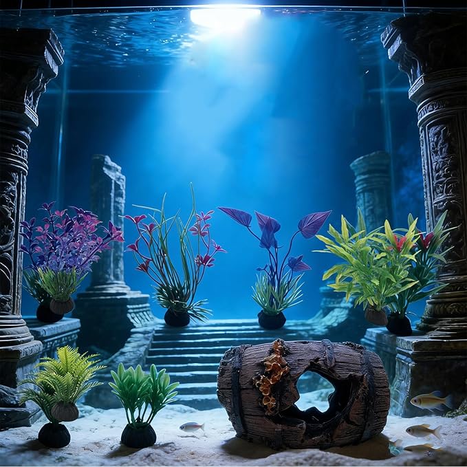 9 Pcs Aquarium Artificial Plastic Glass Plants and Rock Cave Decor Set, Goldfish Betta Fish Tanks Decoration Accessories Green Plants, Simulation Water Plant Corals Ornaments