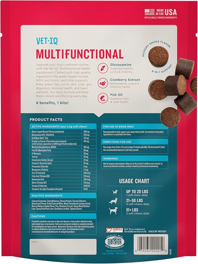 VetIQ 8-in-One Multifunctional Supplement for Dogs, Supports Hip & Joint, Urinary Tract, Immune System, Skin Health and Heart Health, Soft Chews, Made in the USA, 90 Count