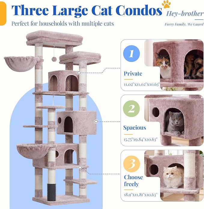 Hey-brother Cat Tree, 74 inches Multi-Level XL Large Cat Tower for Indoor Cats with Three Cat Condos, Two Large Top Decks and Cat Hairbrushfor Kittens, Cats and Pets,Muchroom MPJ035-MMU
