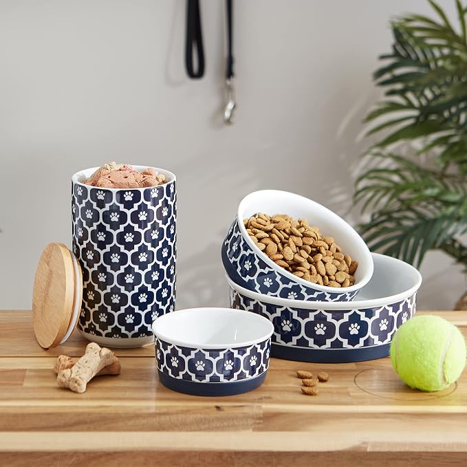 Bone Dry Lattice Collection Pet Bowl & Canister, Small Set, 4.25x2", Nautical Blue, 2 Count