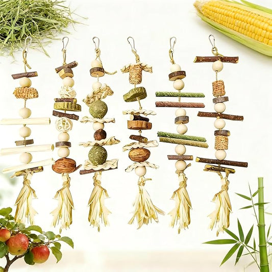 6PCS Bunny Chew Toys, Hamster Rabbit Cage Hanging Chew Toys, Natural Apple Wood Bunnies Treats, Improve Small Animal Teeth Health for Guinea Pig Chinchilla Ferret Rats Gerbil