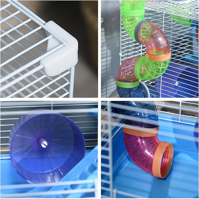 PawHut 2-Level Hamster Cage Rodent Gerbil House Mouse Mice Rat Habitat Metal Wire with Exercise Wheel, Play Tubes, Water Bottle, Food Dishes, & Interior Ladder