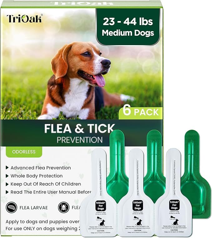 Flea and Tick Prevention for Medium Dogs, 6 Doses Treatment Helps Control Fleas, Ticks and Chewing Lice for Dogs 23-44 lbs, Waterproof, Fast Acting