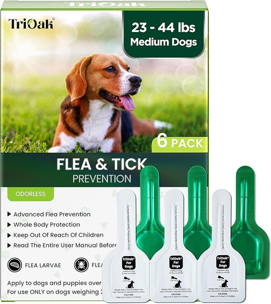 Flea and Tick Prevention for Medium Dogs, 6 Doses Treatment Helps Control Fleas, Ticks and Chewing Lice for Dogs 23-44 lbs, Waterproof, Fast Acting