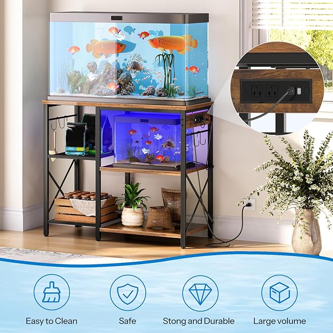 HOOBRO Fish Tank Stand with Power Outlet and LED Light, 20-29-37 Gallon Aquarium Stand with Storage Shelves, 30.7" L x 13.8" W, Reptile Tank Stand with Stable Metal Frame, Rustic Brown BF80UDFT01G1