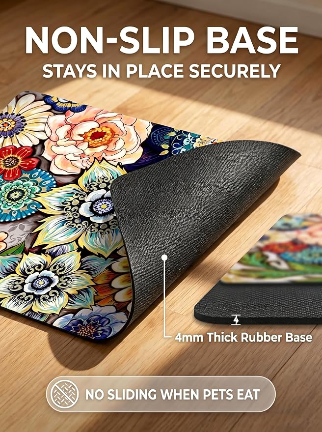 Rnivvi Dog Food Mat, 12" x 19" Flower Absorbent Dog Cat Bowl Mat for Food and Water, Cute Anti-Slip Rubber Pet Feeding Rug Protect Floors, Puppy Placemat for Feeding & Watering Supplies,Mandala Floral