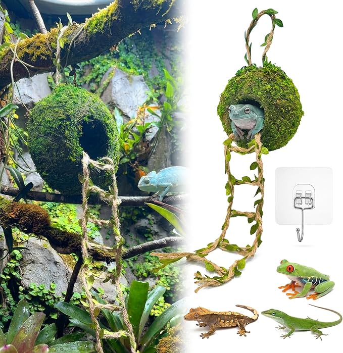 Moss Cave Hideout with Hanging Rope & Hemp Climbing Ladder – Natural Reptile Tank Decor Accessories for Crested Geckos, Chameleons, Tree Frogs, Leopard Geckos & Snakes. Terrarium & Vivarium Decor (4")