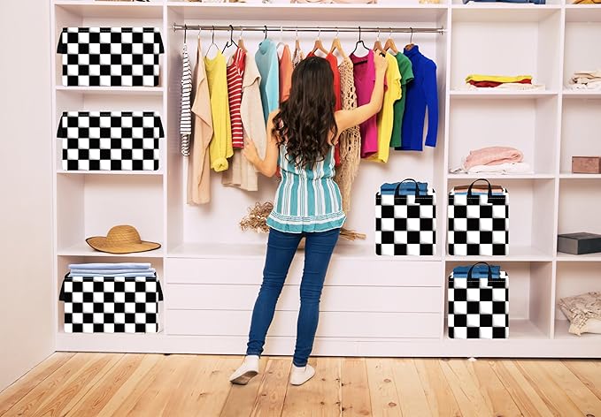 Rectang Checkered Flag Storage Basket Gift Shelf Basket Storage Bin, Nursery Basket Organizer Box for With Handles for Room Deco
