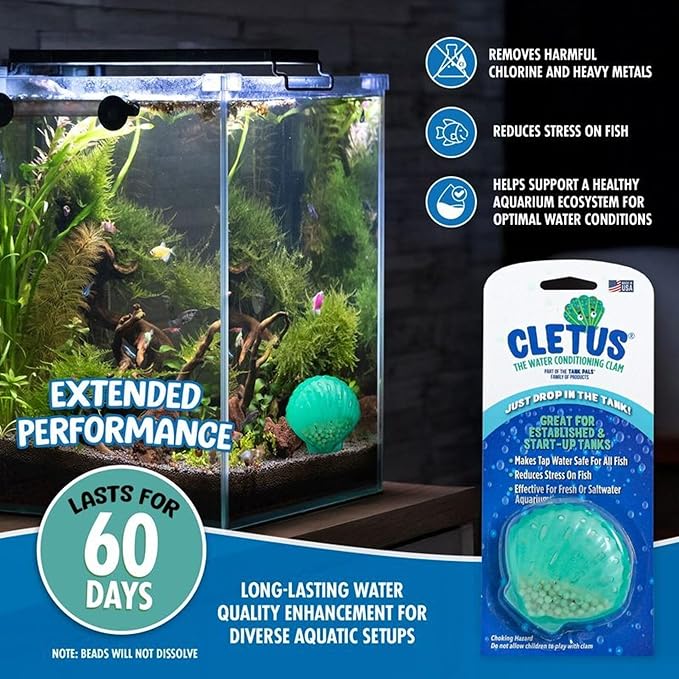 Cletus The Water Conditioning Clam - 2 Pack, Blue - Fish Tank & Aquarium Water Preparation, Chlorine Neutralizer & Heavy Metal Filtration