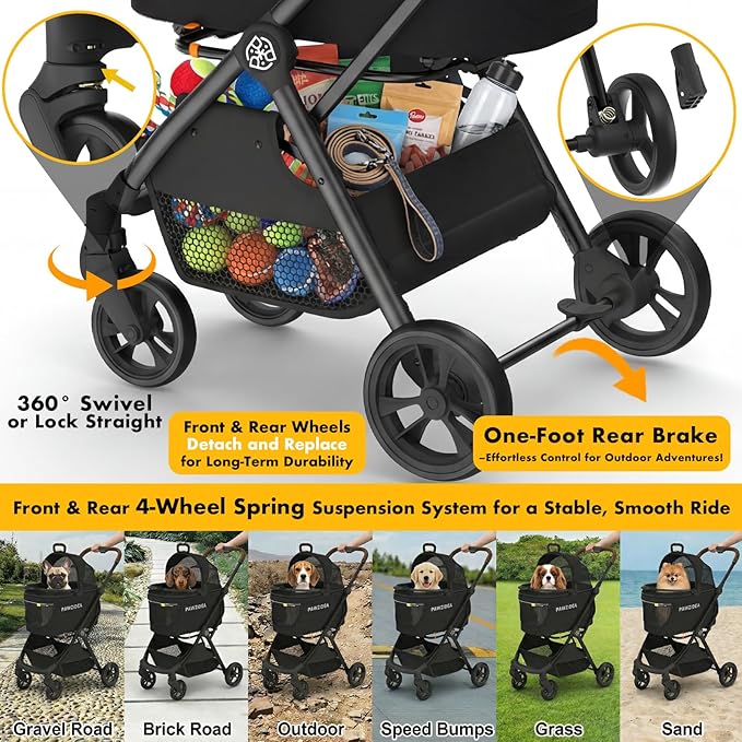 PAWZIDEA 4-in-1 Pet Stroller for Small Medium Dogs & Cats, Foldable Dog Stroller with Detachable Carrier, Escape-Proof No-Zip Canopy, Lightweight Portable Travel Crate & Car Seat Combo, Storage Basket