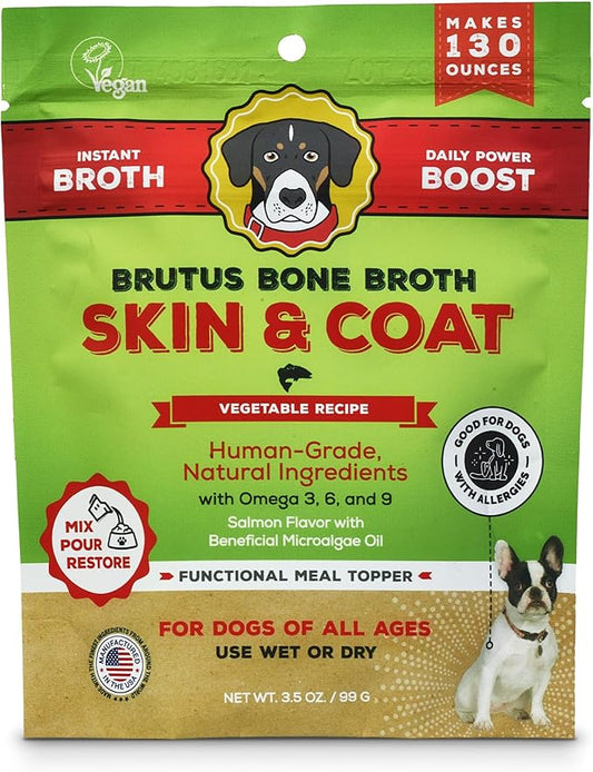 Brutus Broth Dog Food Topper - Instant Broth Powder with Omegas 3,6,9 from Microalgae Oil for Skin and Coat - Human-Grade Quality, Serve Dry or Wet - Vegetable Flavor, 3.5 oz (Pack of 1)