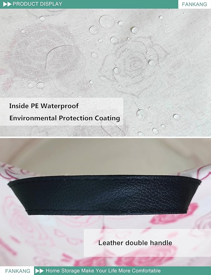 Storage Basket, Nursery Hamper Canvas Laundry Basket Foldable with Waterproof PE Coating Large Storage Baskets for Kids Boys and Girls, Office, Bedroom, Clothes,Toys(Pink roses)