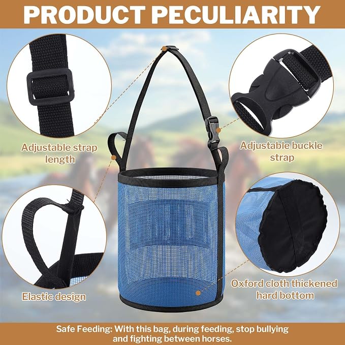3 Pack Horse Feed Bag for Grain, Blue PVC Mesh Feed Bags for Horses with Adjustable Strap, Durable Feeder for Camping or Stable Use