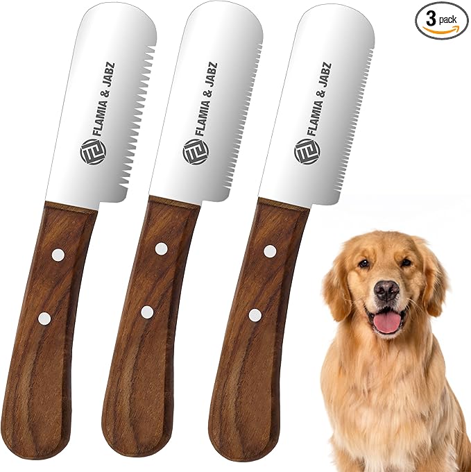 FLAMIA & JABZ Professional Dog Grooming Hand Stripping Knife, Stripper Trimmer Tool, Red Meranti Wooded Handle non slip grip with Tripping Stainless Steel blade (3 Piece Pack, Left Handed)
