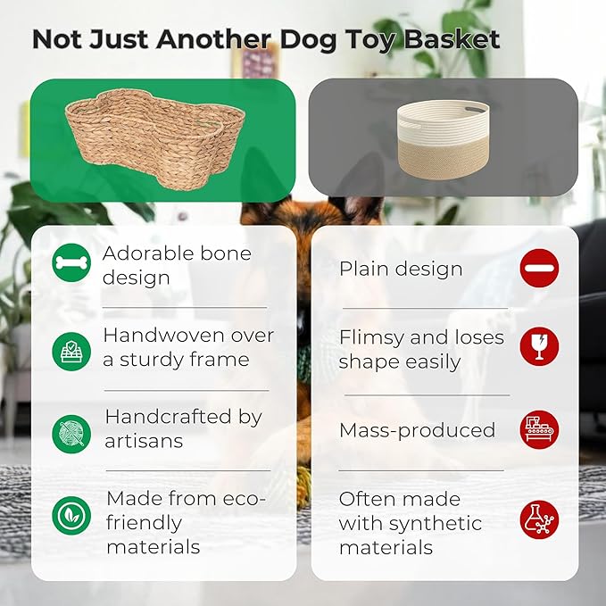 OtterPets Dog Toy Basket, Hyacinth Cat & Dog Bone Shaped Basket, Wicker Pet Toy Bin Organizer, Dog Toy Bin (Large (23"x15"))