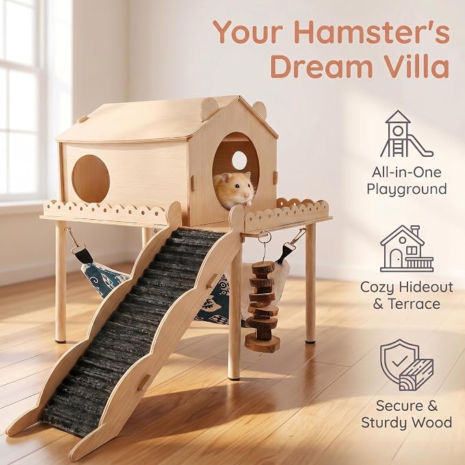 Guinea Pig Hideout Wooden Guinea Pig Castle with Stair, Hammock and House Detachable Double-Decker Guinea Pigs House for Guinea Pigs Hamsters Rabbit Chinchilla Small Animal Hiding Sleeping Activities
