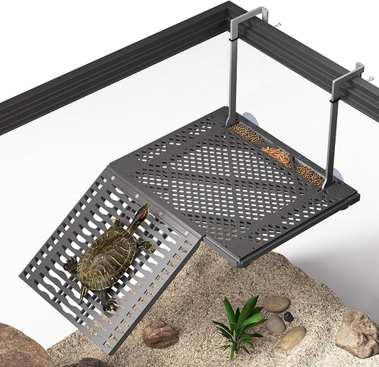 Upgraded Hanging Turtle Basking Platform with Built-In Feeding Tray, Stainless Steel Hooks, Non-Slip Ramp, No Zip Ties, Heavy-Duty Turtle Dock for 30 Gallon Aquariums
