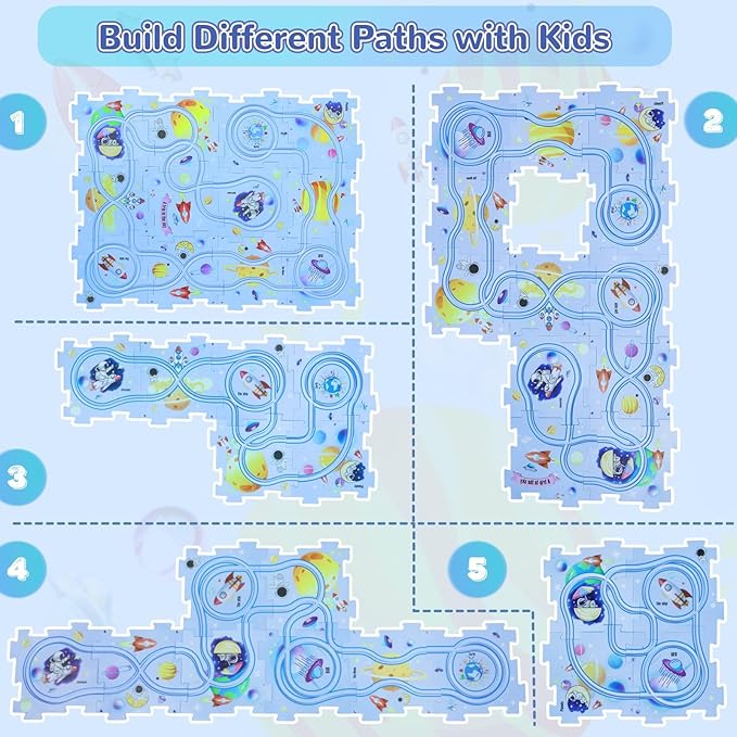 Plastic Floor Puzzles for Kids with Airplane Toy Car, Puzzle Track Car Play Set, Educational Toys for 3 4 5 6 Year Old Boys, 3 4 5 6 Year Old Boy Birthday Gift, Kids Toys Boys 3-5