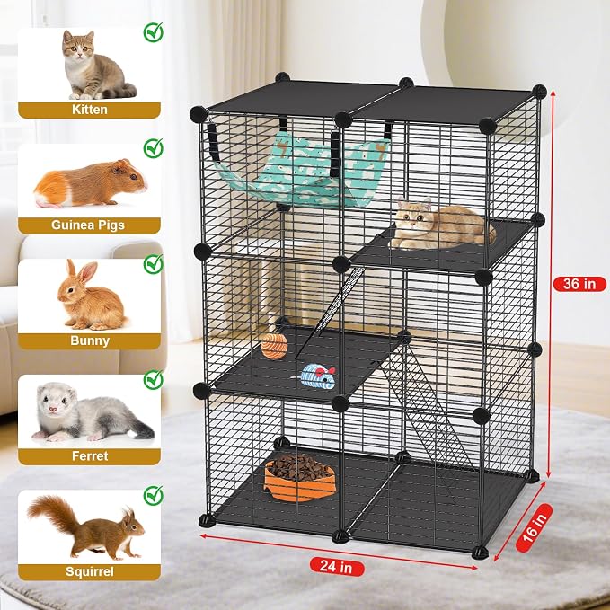 VISCOO Cat Cage(for Kitten), 3-Tier DIY Catio Cat Enclosures, 24" x 16" x 36" Cat Playpen Indoor & Outdoor with Hammock, Detachable Metal Wire Cats Crate, Exercise Place for Squirrel, Ferret