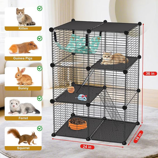 VISCOO Cat Cage(for Kitten), 3-Tier DIY Catio Cat Enclosures, 24" x 16" x 36" Cat Playpen Indoor & Outdoor with Hammock, Detachable Metal Wire Cats Crate, Exercise Place for Squirrel, Ferret