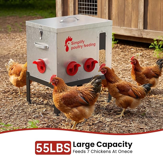 Hiqufet 55 lb Large Automatic Chicken Feeder with Window, 7 No-Waste Ports – Outdoor Metal Chicken Feeders with Adjustable Stand, Rodent-Resistant Design & Riveted Handles for Chicken, Ducks & Poultry