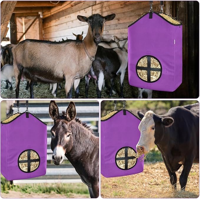 Hay Bags,Slow Feed Hay Bags for Horses,Goats,Donkeys with Reinforced Oxford Fabric and High Strength Metal Clasp,Horse Feeding Supplies with Strap for Easy Hanging (2 Purple)