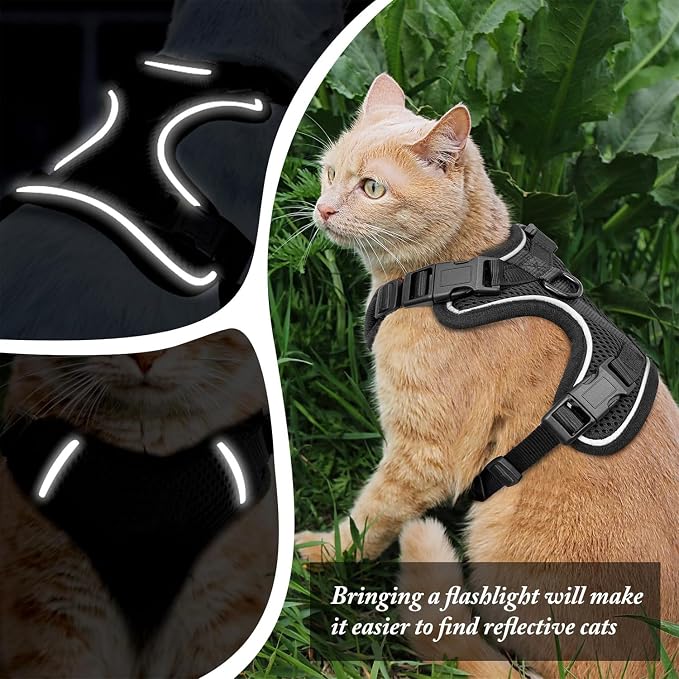 Cat Harness and Leash for Walking, Cat Car Harness, Soft Adjustable Vest Harnesses for Cats, Easy Control Breathable Reflective Strips Harness, Kitten Harness and Leash Set, Black, S(7-12lbs)
