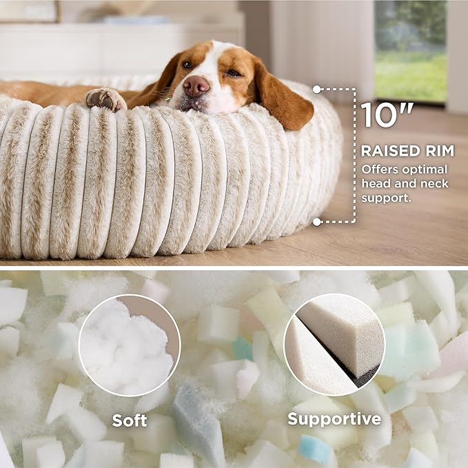 Bedsure ComfyFleece™ Donut Large Dog Bed - Washable Faux Fur with Corduroy Fleece & Anti Slip Bottom, Round Pet Bed with Removable Cover, Amphora, 36x36x8 inches