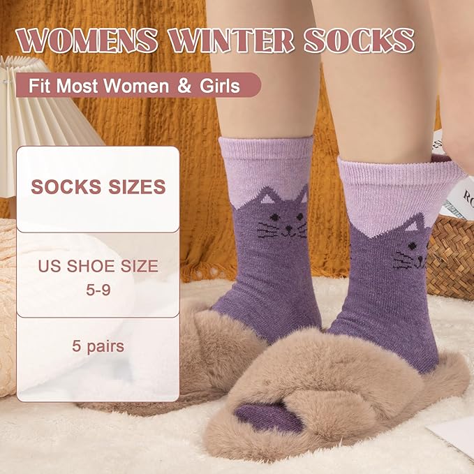 Justay 5 Pairs Womens Wool Socks Thick Warm Winter Socks Casual Cozy Socks Vintage Knit Crew Socks Gift for Women