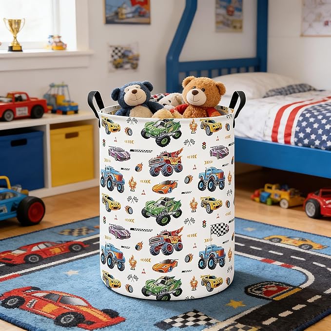 Monster Truck Laundry Hamper Storage Basket, Nursery Hamper Canvas Laundry Basket Foldable with Waterproof PE Coating for Kids, Office, Bedroom, Clothes,Toys(Monster Truck)