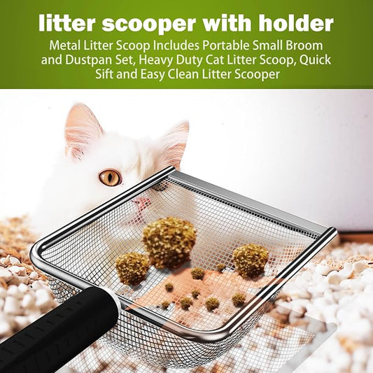 XIAOXINGYUN Litter Scooper with Holder for Sandbath Box,Stainless Steel Litter Scooper Includes Portable Small Broom and Dustpan, Mesh Shovel-Easy to Clean - Suitable for Cat Litter Box