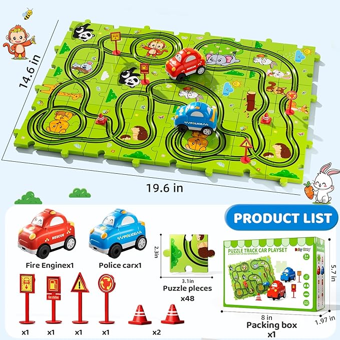 Beby Buty 48PCS Puzzle Race Track Car Set Toys for Kids Boys, Floor Puzzle Car Tracks for Boys Ages 3-5 4-6, Toddler Toys Gifts for 3 4 5 Year Old Kids, Ideal 3 4 5 6 Year Old Birthday Gifts