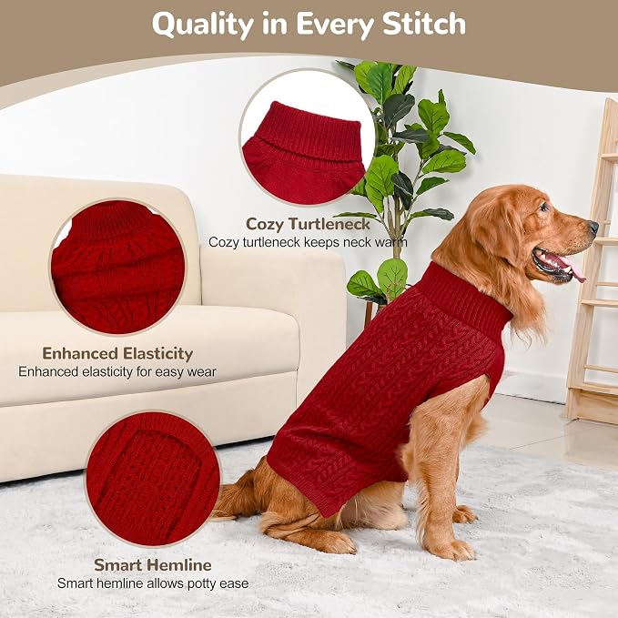 Dog Sweater 2 Pack for Large Dogs, Size XL, Red & Brown | Stretchy cable knit turtleneck, machine washable, high belly cut, comfy winter fit for English Bulldog, Boxer
